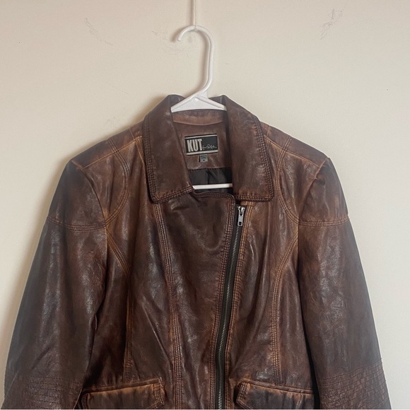 Kut from the Kloth Vegan Leather Jacket Burnout Brown Full Zip Moto Medi… - Picture 3 of 12
